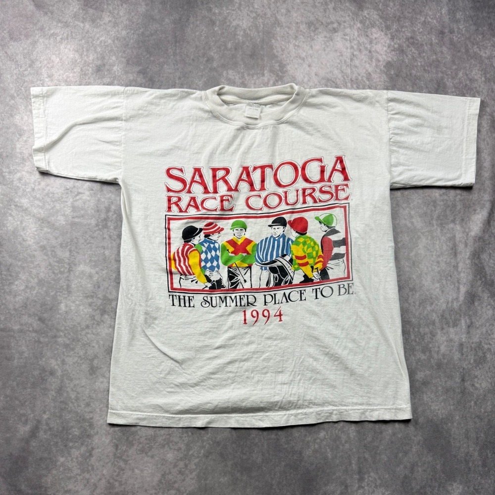 Vintage 1994 Saratoga Race Course T Shirt Catapult Horse Racing White Large L